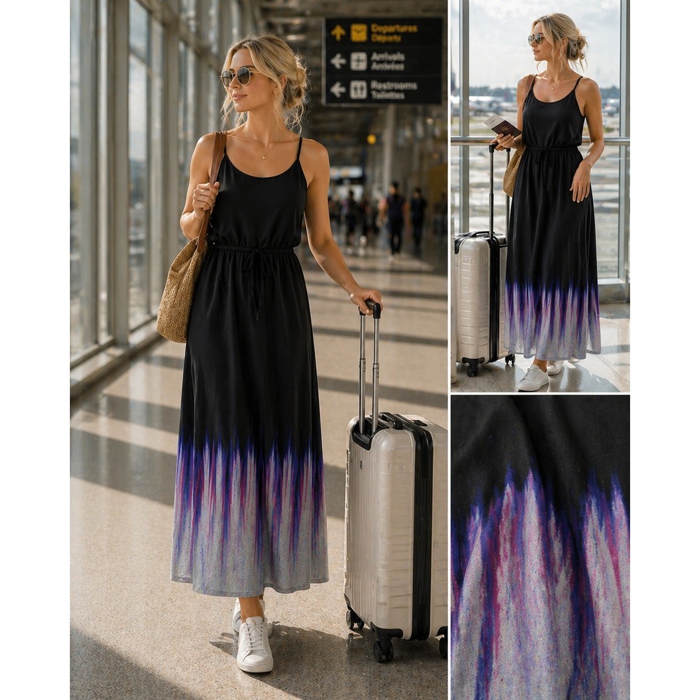 New Title Nine Nimblene Maxi Dress Black Pink Blue Striped Hem Built-in Bra XL